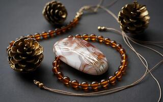 A brown and white stone with gold beads photo