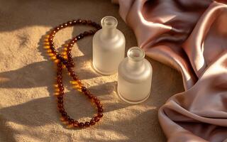 Two bottles of oil on a table photo