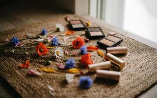 Flowers and makeup on a table photo