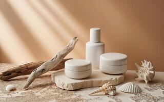 A white container with a bottle of cream, a shell and a starfish photo