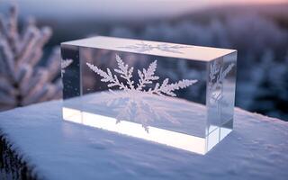A clear block with a snowflake design on it photo