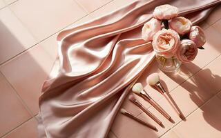 Rose flowers and makeup brushes on a pink tiled floor photo