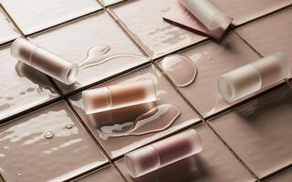 Lipstick tubes on a tiled floor photo