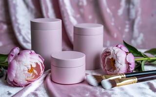 Three pink containers with brushes and flowers photo