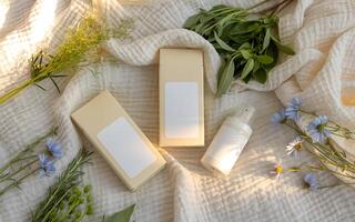 Three bottles of body lotion and a box of lotion photo