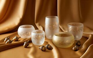 A table with a bunch of glass vases and some nuts photo