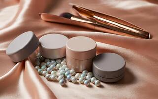 A set of cosmetic containers and a brush on a satin cloth photo