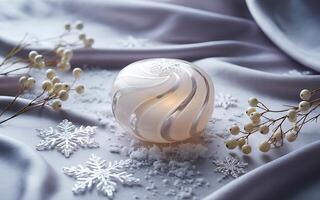 A white candle sitting on a table with snowflakes photo