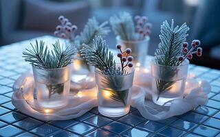 A table with a glass vase with a christmas tree in it photo