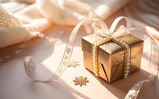 A golden gift box with ribbon and a white ribbon photo
