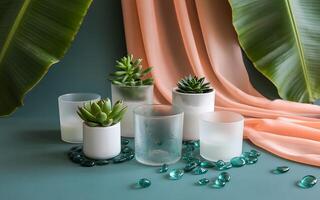 A group of vases with plants and stones photo