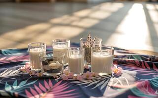 A table with four glasses of milk and a candle photo