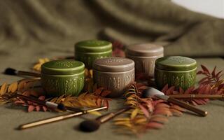 A bunch of green jars with brushes on top of a table photo