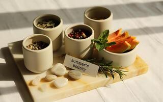 A tray with four white cups and a sign on it photo