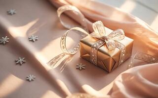 A gold gift box with a bow sits on a pink background photo