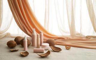 A table with various cosmetic products and coconut shells photo