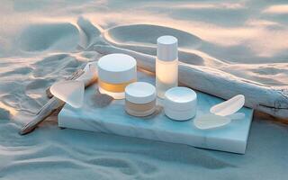 A white container with a white container of skin care products on a beach photo