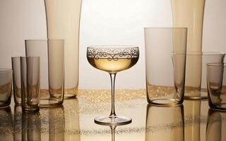 A glass of wine sitting on a table next to a glass of water photo