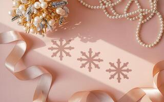A pink background with pearls and snowflakes photo
