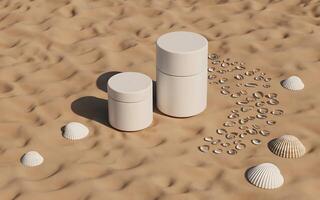 A white container with shells and sand photo