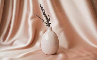 A vase with lavender in front of a pink curtain photo