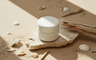 A white container with shells and sand on it photo