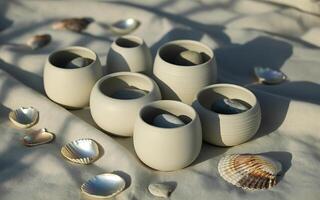 A group of white cups and shells on a beach photo