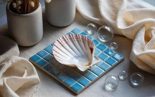A shell on a blue tile with white flowers photo