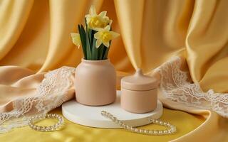 A vase with yellow flowers and pearls on a table photo