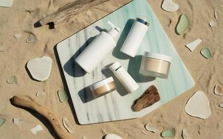 A beach with a white tray with various products photo