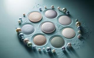 A circular arrangement of different colored pearls on a blue surface photo