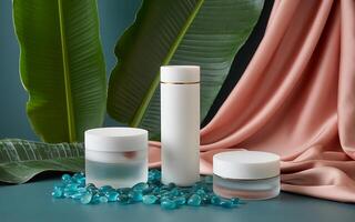 Three cosmetic products on a table with a green plant photo