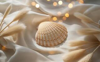 A shell and some grass on a white cloth photo