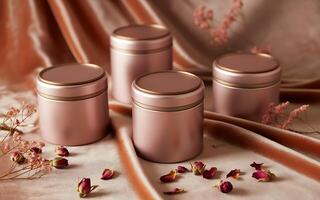 Four small jars with rose petals on a cloth photo
