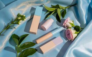 Three different types of cosmetics on a blue satin photo