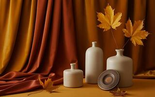 Autumn still life with autumn leaves and vases photo