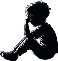 silhouette of a sad boy sitting on the floor vector