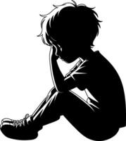 a silhouette of a boy sitting down with his head in his hands vector