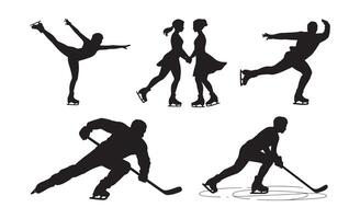 Silhouettes of ice skaters performing figure skating and hockey moves on ice vector