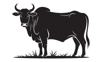 Silhouette of a powerful black bull standing in grass vector