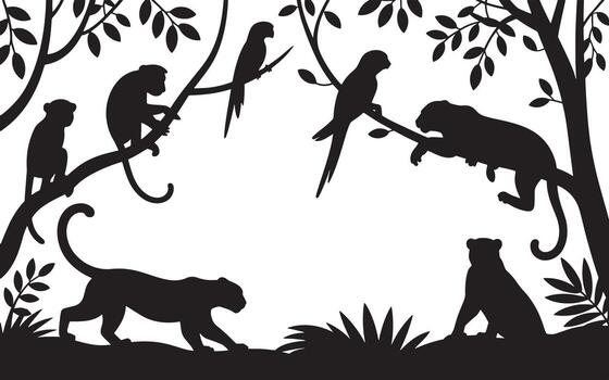 Monkeys and parrots perched on branches with a leopard in the foreground vector
