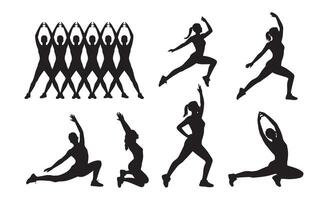 Collection of diverse female silhouettes performing various athletic and yoga poses vector