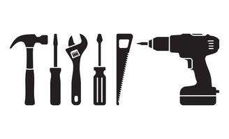 Collection of essential hand tools and a power drill for various tasks vector