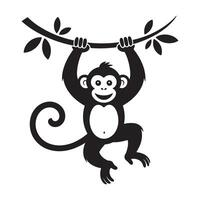 Happy monkey swinging from a tree branch with leaves in a playful pose vector
