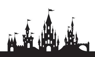 Enchanting silhouette of multiple fairytale castles with flags vector