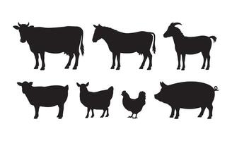 Collection of black silhouettes of farm animals on a white background vector