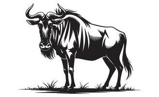 Stylized black and white illustration of a wildebeest standing in grass vector