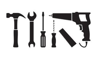 Collection of black silhouette icons representing various hand tools vector