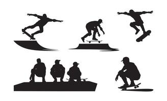 Collection of diverse skateboarder silhouettes performing tricks and resting on white background vector