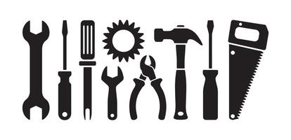 Collection of silhouetted hand tools for construction and repair vector